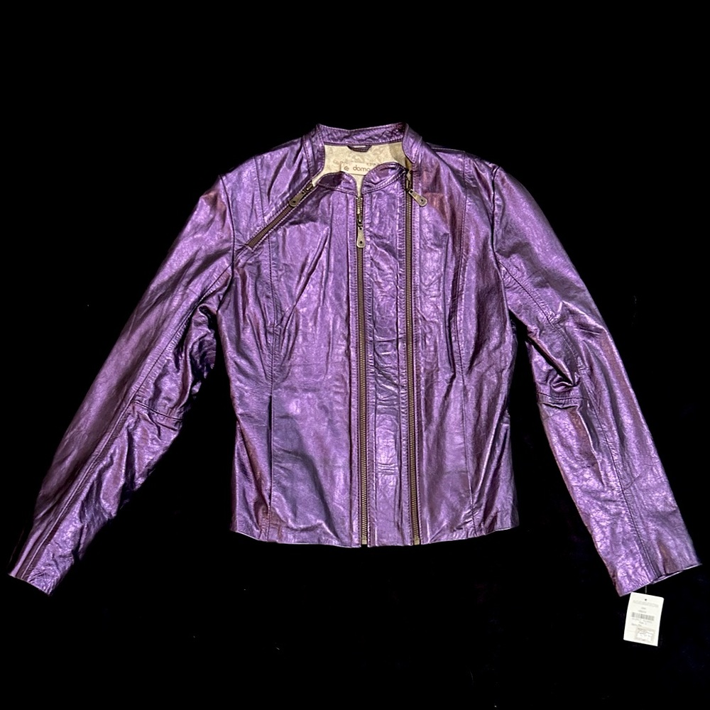 NEW DOMA Purple Leather Double Zipper Moto Jacket